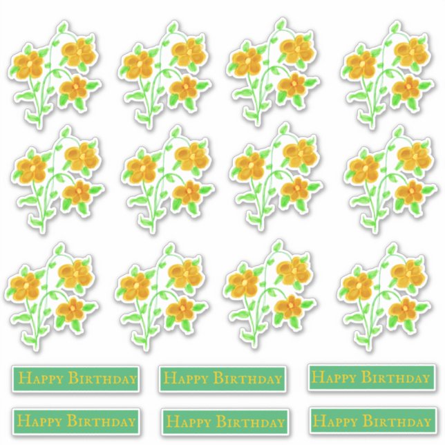 Adesivo Douradas Decreções de Aniversário Feliz Floral (Frente)