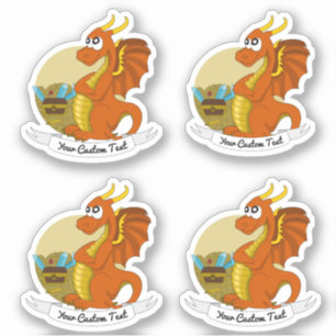 Adesivo Dragão laranja de desenho com tesouro e texto