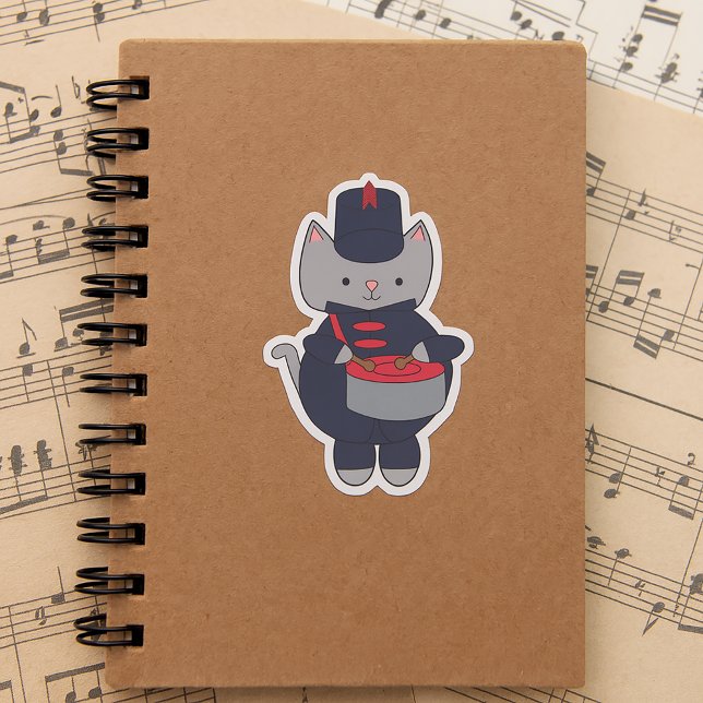 Adesivo Drummer Marching Band Cat Navy Blue and Red (A sticker of a gray cat playing the snare drum in a red & navy blue marching band uniform.)