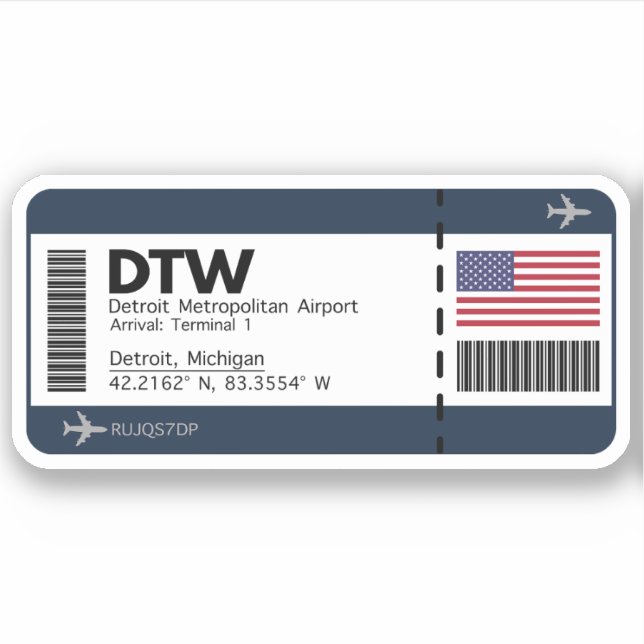 Adesivo DTW Detroit Boembarque Pass - Bilhete dos Estados  (Frente)