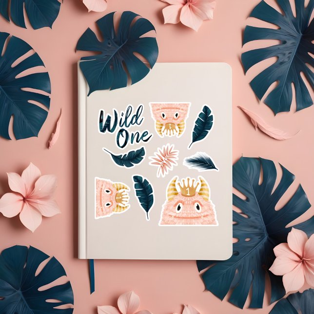 Adesivo Ela é um monstro rosa selvagem e selva tropical (She's a Wild One Pink Monster & Tropical Jungle Sticker)