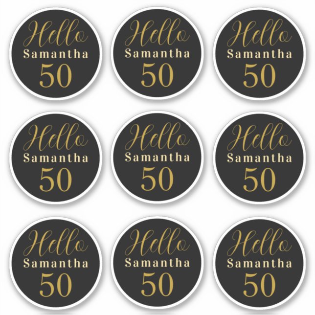 Adesivo Elegant Hello 50 Black Gold Personalized Birthday (Frente)