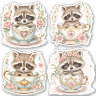 Adesivo Elegante Baby Raccoon em Teacup - Design Floral