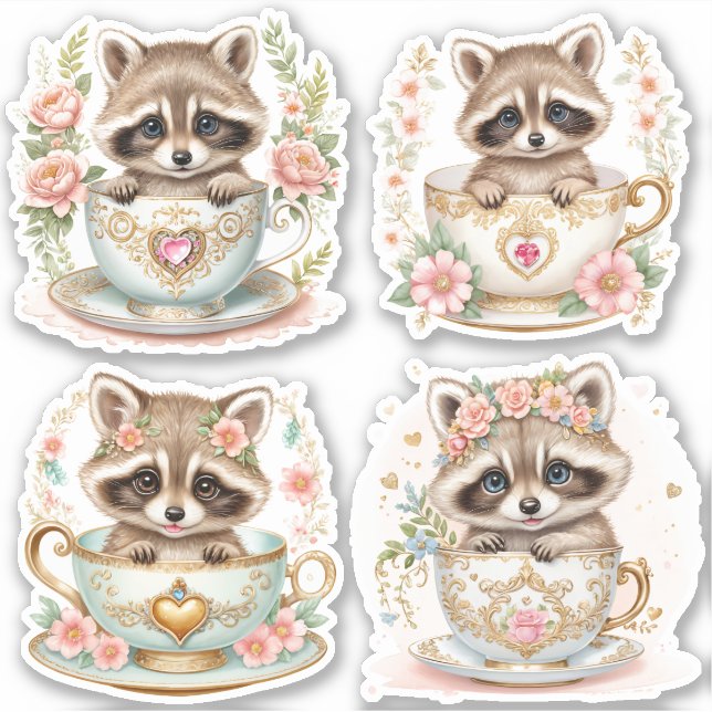 Adesivo Elegante Baby Raccoon em Teacup - Design Floral (Frente)
