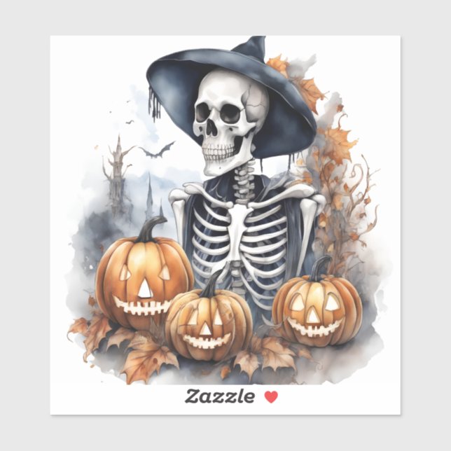 Adesivo Elegante Skeleton Halloween Watercolor (Folha)