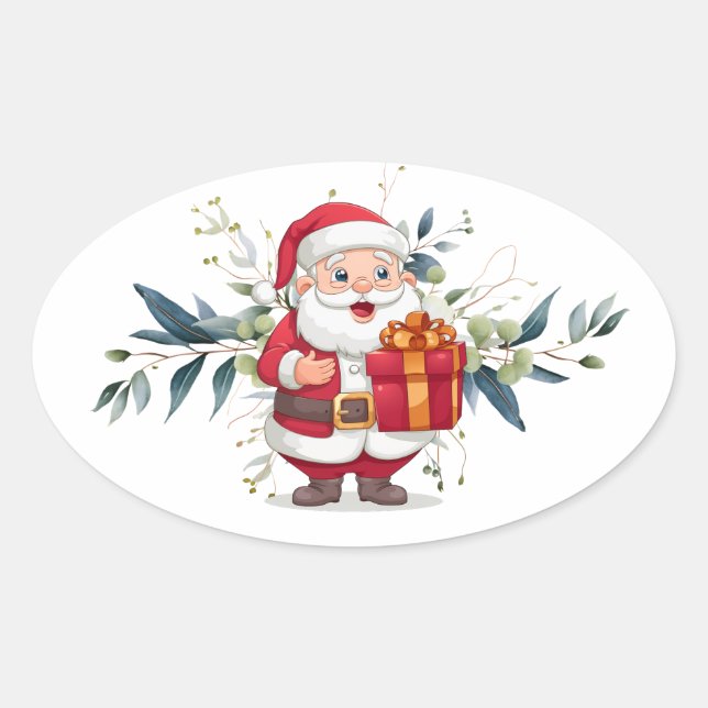 Adesivo em forma oval Feliz Natal e Eucalipto (Frente)
