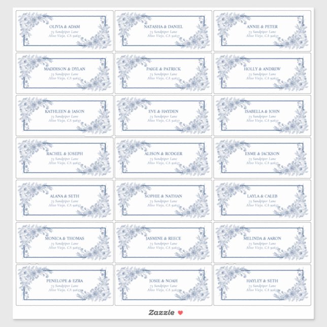 Adesivo Endereço de Convidado de Arte de Linha Floral Azul (Folha)