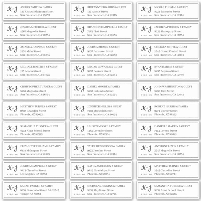 Adesivo Endereço de Convidados de Casamento Moderno + Mono (Frente)