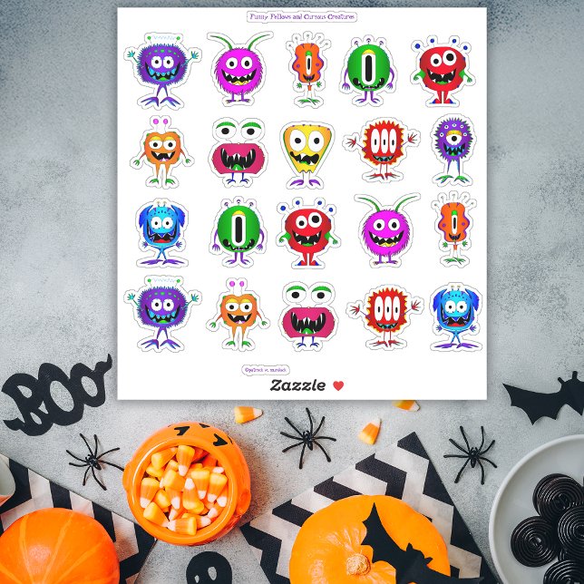 Adesivo Engraçado, Colorido, Monstros de Cartoon (Hey – take a look at this awesome collection of die-cut Halloween cartoon monster stickers!)