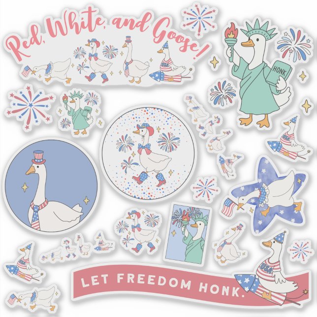 Adesivo Engraçado Parada Patriótica de Ganso do Bobo de 4  (Nearly 20 stickers for 4th of July. This humorous "Red White and Goose" sticker sheet is silly, fun.)