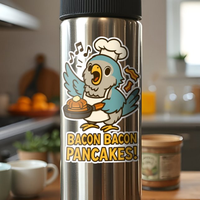Adesivo Engraçado Quaker Chefe de cozinha cantando Bacon P (Sassy pancake-flipping parrot sticker; breakfast chaos with a cause! 🥞🦜💚 Singing Bacon Pancakes)