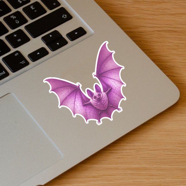Adesivo Espalhamento de Asas Brilhantes Cinzentas, Voadora (Spooky flying glowing dark vibrant pink bat on vinyl sticker for Halloween.)