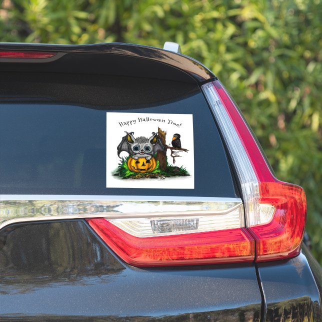 Adesivo Esperando o Halloween, Cute Bat e Raven (Lado do carro)