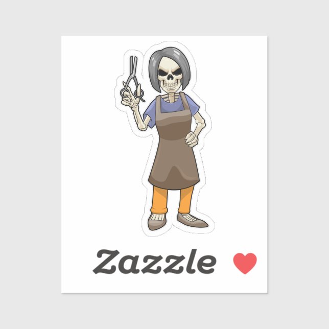 Adesivo Esqueleto como cabeleireiro com tesoura (Folha)