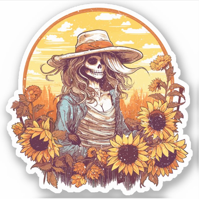 Adesivo Esqueleto De Cowgirl Ocidental Com Flores De Sol A (Frente)