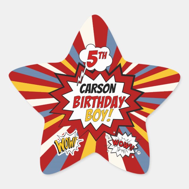 Adesivo Estrela 5 Birthday Boy Super-Heroi Comic com Nome (Frente)