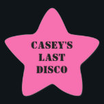 Adesivo Estrela A Despedida de Solteira da Última Cowgirl do Disco<br><div class="desc">Celebre as noivas com estilo com esses adesivos divertidos. As estrelas rosa estão prontas para serem personalizadas com seu texto em letras de estêncil preto negrito. Eles combinam com outros itens da minha coleção de festa de despedida de solteira da cowgirl do disco.</div>