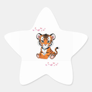 Adesivo Estrela Adesivo🐯Arte de Bebê Tigre com Borboletas Rosas -