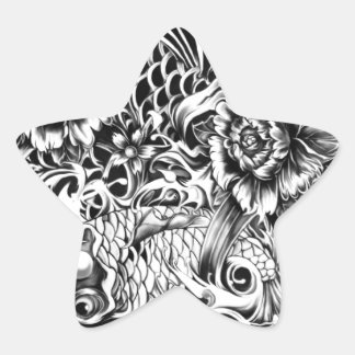 Adesivo Estrela Arte de tatuagem com estilo koi e flores de lotus