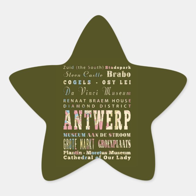 Adesivo Estrela Atrações e locais famosos de Antuérpia, Bélgica. (Frente)