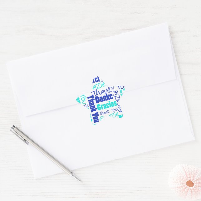 Adesivo Estrela Azul / Turquesa Multilíngue Obrigado Palavra (Envelope)