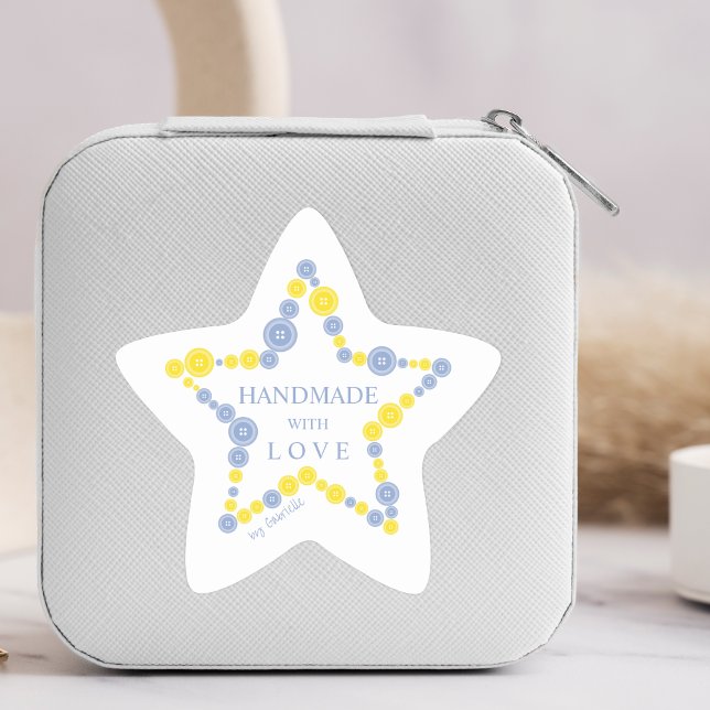 Adesivo Estrela Blue & Yellow Original Buttons Star Handmade  (Blue & Yellow Original Buttons Star Handmade with Love Quote Star Sticker for Handymarkers. )
