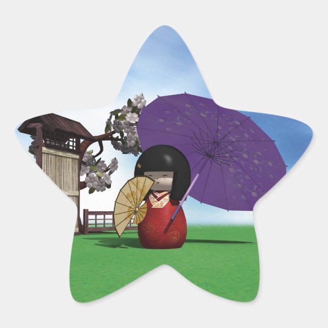 Adesivo Estrela Boneca Kokeshi Japonesa Arte de Flor de Cerejeira (Frente)