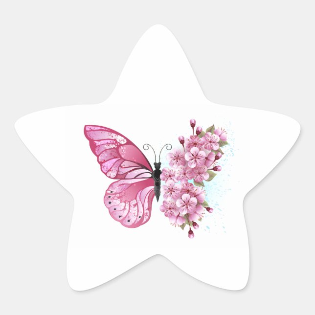 Adesivo Estrela Borboleta Flor com Sakura Rosa (Frente)