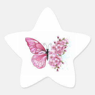 Adesivo Estrela Borboleta Flor com Sakura Rosa