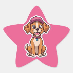 Adesivo Estrela Cachorro de Cartoon Doce - Puppy feliz no Boné Sti