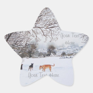 Adesivo Estrela cães tocando pintura de paisagem por neve invernal