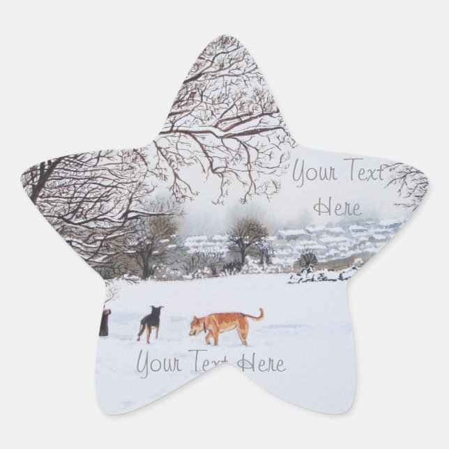 Adesivo Estrela cães tocando pintura de paisagem por neve invernal (Frente)