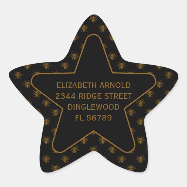 Adesivo Estrela Custom Name Gold Metallic Foil Bees on Black (Frente)