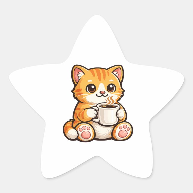 Adesivo Estrela Cute Cat Coffee – Cozy Orange Cat Drinking Coffee  (Frente)