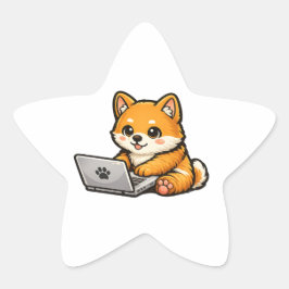 Adesivo Estrela Cute Shiba Inu com Laptop – Ilustração de Cachorro