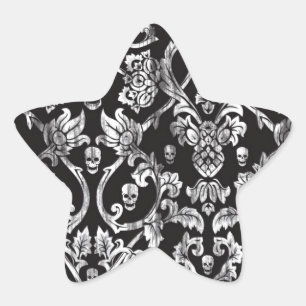 Adesivo Estrela Damasco do crânio em preto e branco.