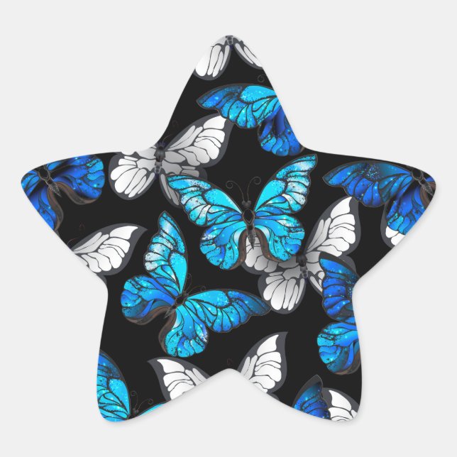 Adesivo Estrela Dark Seamless Pattern with Blue Butterflies Morpho (Frente)