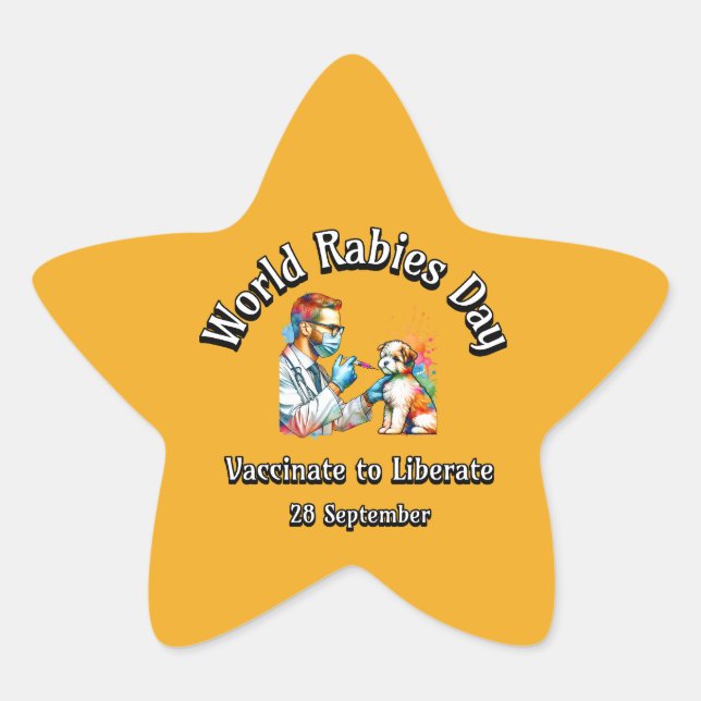 Adesivo Estrela Dia Mundial da Raiva. Vacinar para Liberar. (Frente)