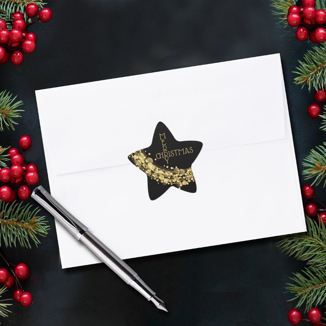 Adesivo Estrela Estrelas no Natal Negro (Stars on black Merry Christmas star sticker or envelope seal)