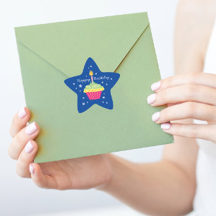 Adesivo Estrela Feliz Cupcake de aniversário azul
