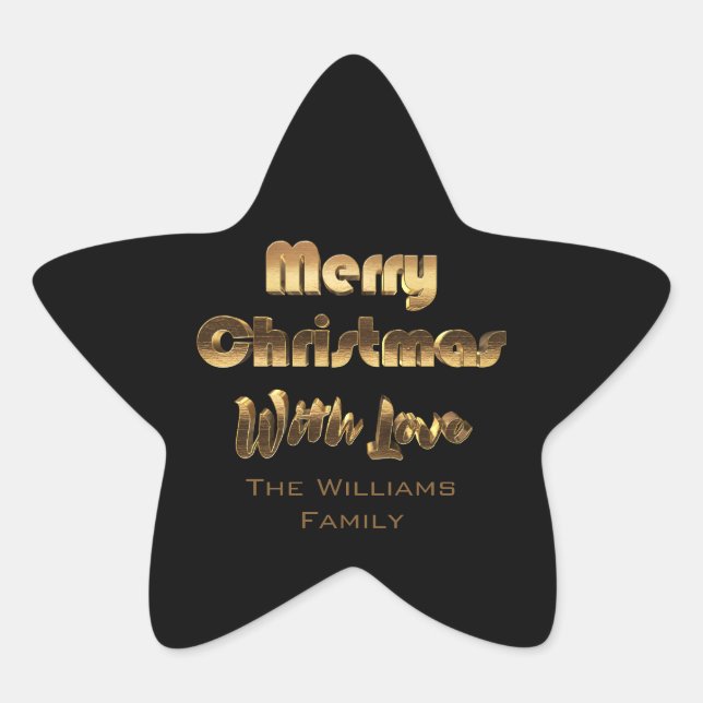 Adesivo Estrela Feliz Natal Elegante Faux Dourado Tipografia Preta (Frente)