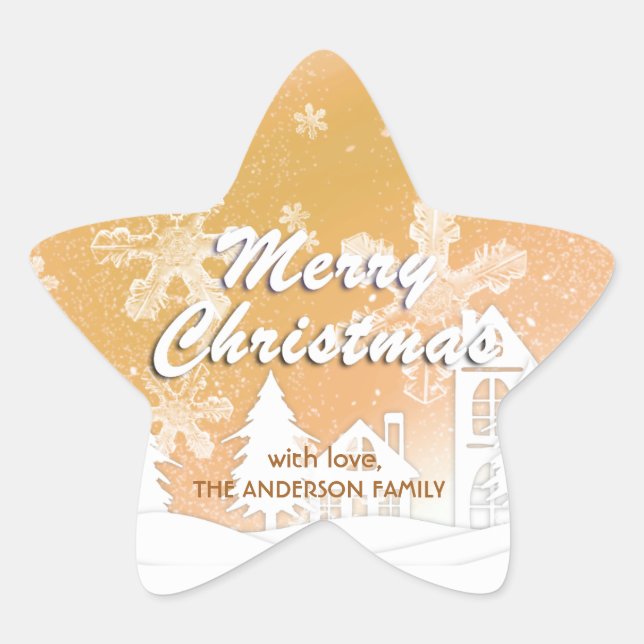 Adesivo Estrela Flocos de Neve Dourados na Casa Branca Feliz Natal (Frente)