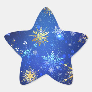 Adesivo Estrela Fundo Azul XMAS com Flocos de Neve Ouro