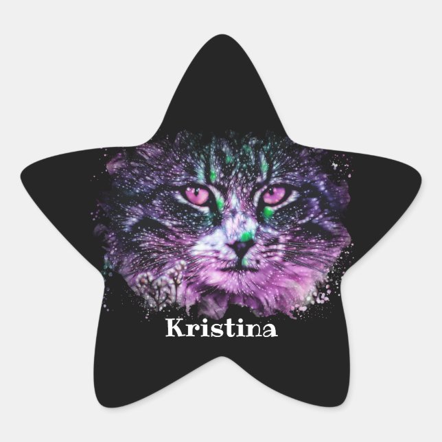 Adesivo Estrela Galáxia Gato Preto Púrpura, Cor Verde Digital (Frente)