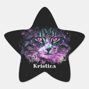 Adesivo Estrela Galáxia Gato Preto Verde Puro, Cor Digital Verde