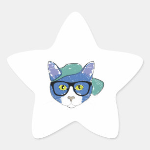 ADESIVO ESTRELA GATO AMARELO COM ÓCULOS PRETOS E BONÉ VERDE