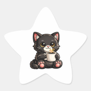 Adesivo Estrela Gato Preto Fofo com Café