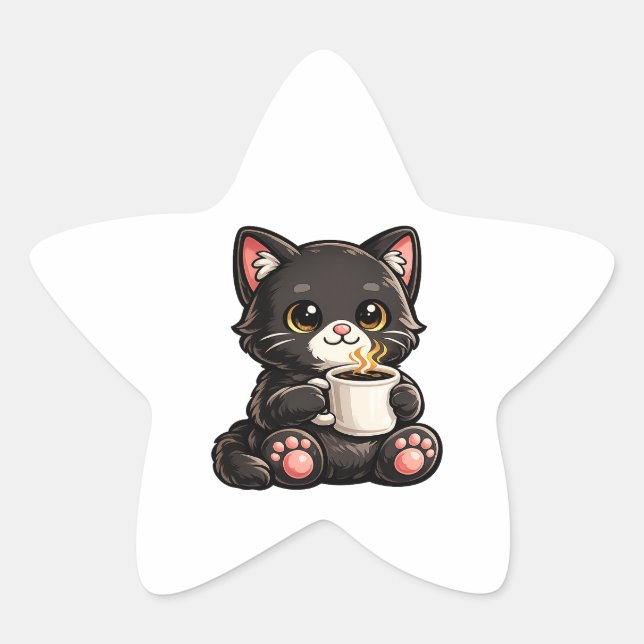 Adesivo Estrela Gato Preto Fofo com Café (Frente)