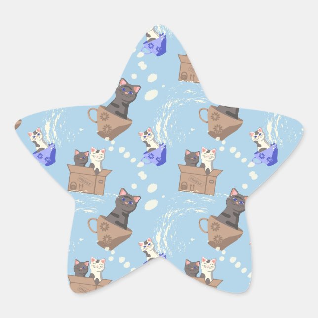 Adesivo Estrela Gatos na caixa e leite cai em azul (Frente)