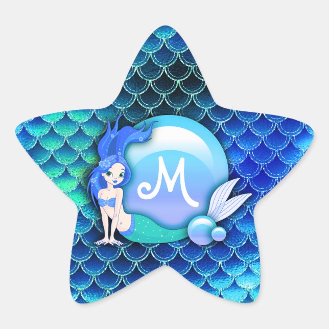 Adesivo Estrela Mermaid Pearls and Scales Monograma Blue ID600 (Frente)